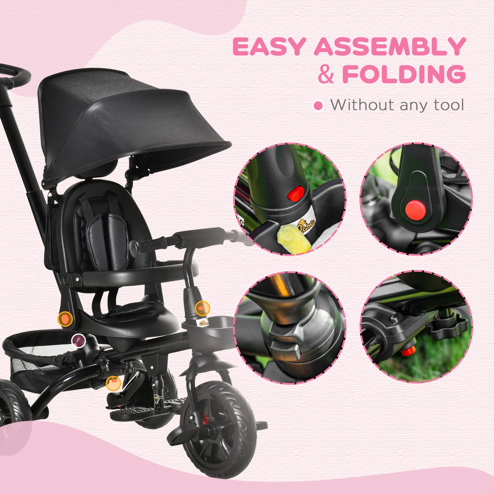 4 in 1 Adjustable Baby Tricycle w/ Removable Handle, Brake, Cover