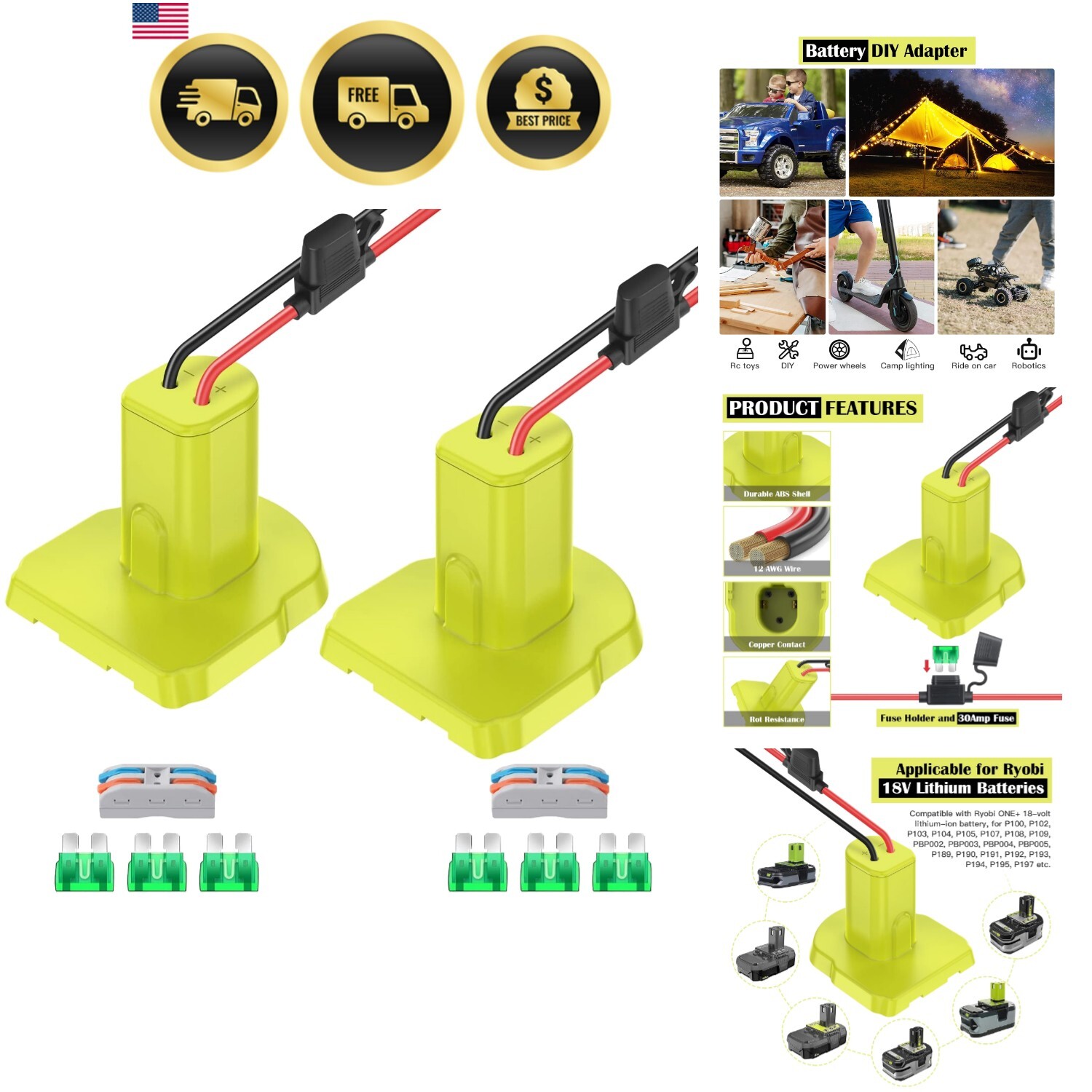 Power Wheel Adapter Ryobi 18V Battery Conversion Kit for Power Wheels RC Toys