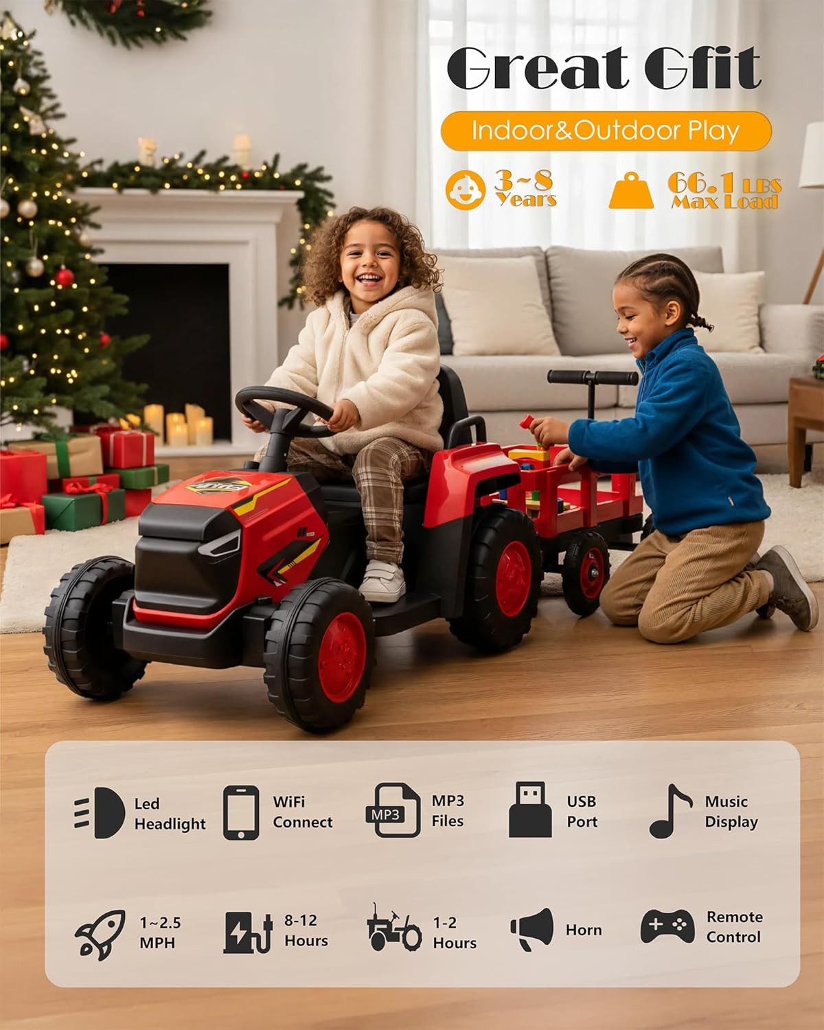 12V Ride On Tractor for Kids w Trailer&Remote, Farm Vehicle Toy for Toddlers 3–8