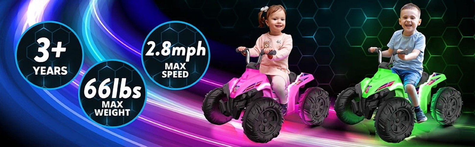 Kid Trax 12V Glow ATV Ride-On Toy, Pink, with LED Lights, Rechargeable Battery,