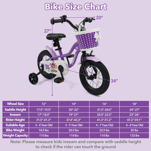 12 Inch Kids Bike with Training Wheels for Aged 3-4 Years Old – Magic Purple – C