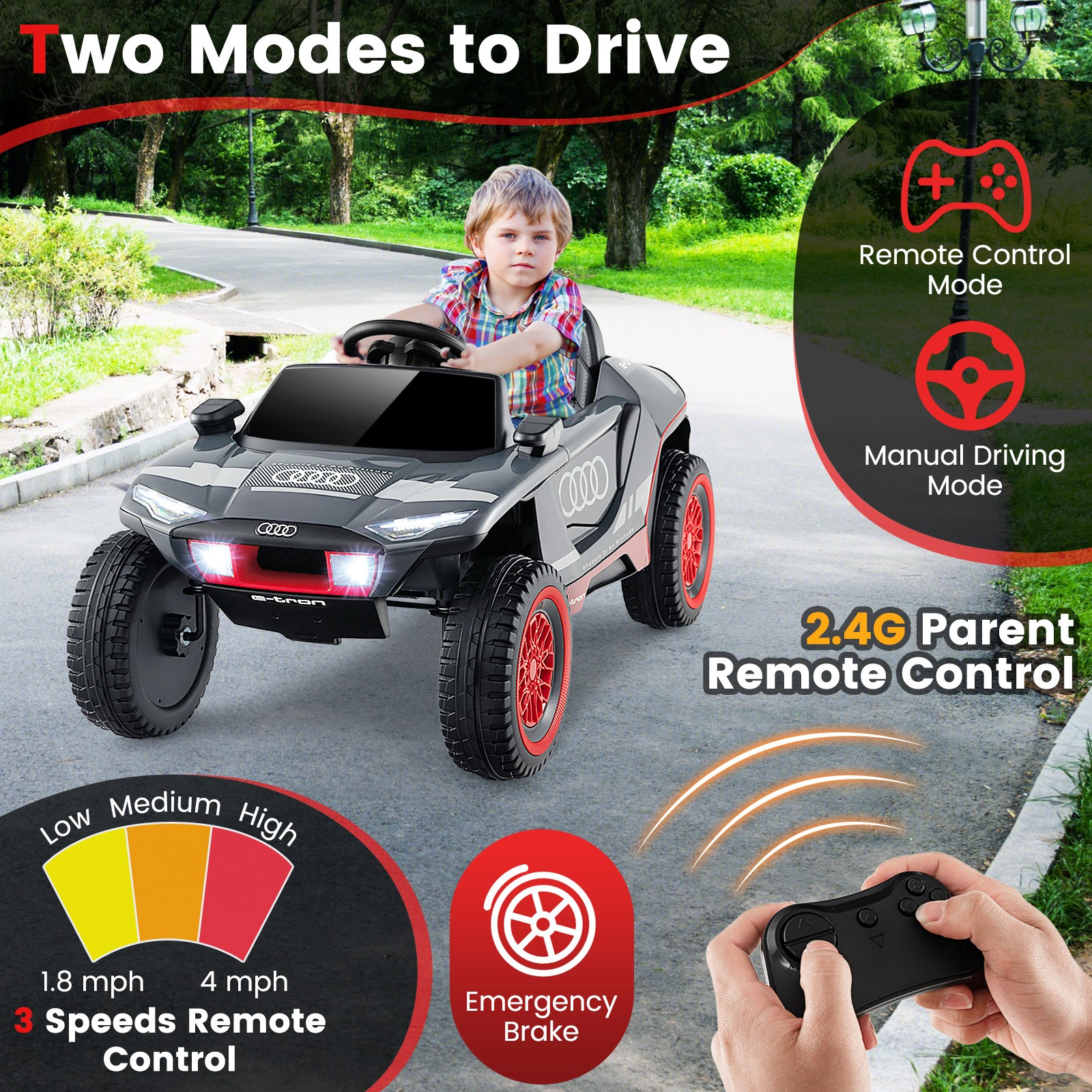 12V Licensed Audi Kids Ride-On E-tron Racing Car w/Remote Controll & Lights Gray
