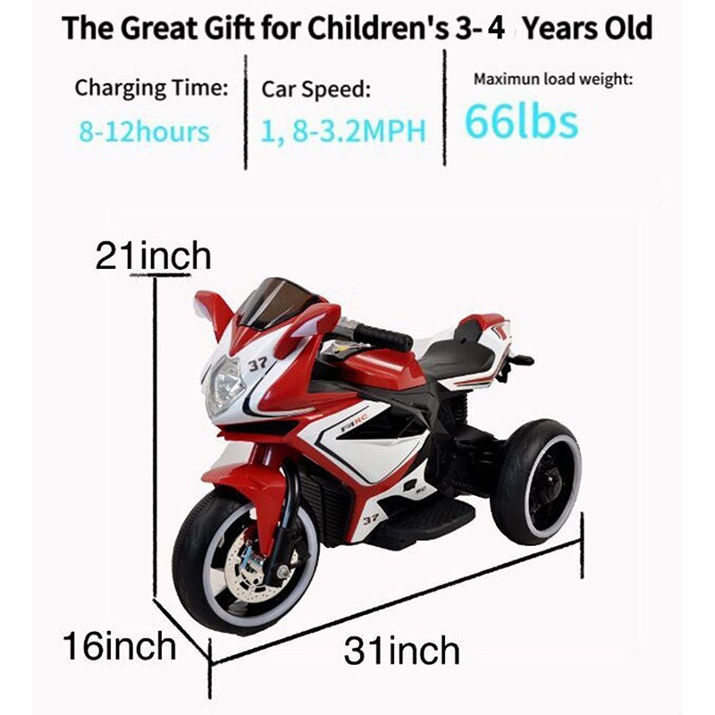 kids Ride On Electric Motorcycle 12V For Children With Key Start 3 wheels