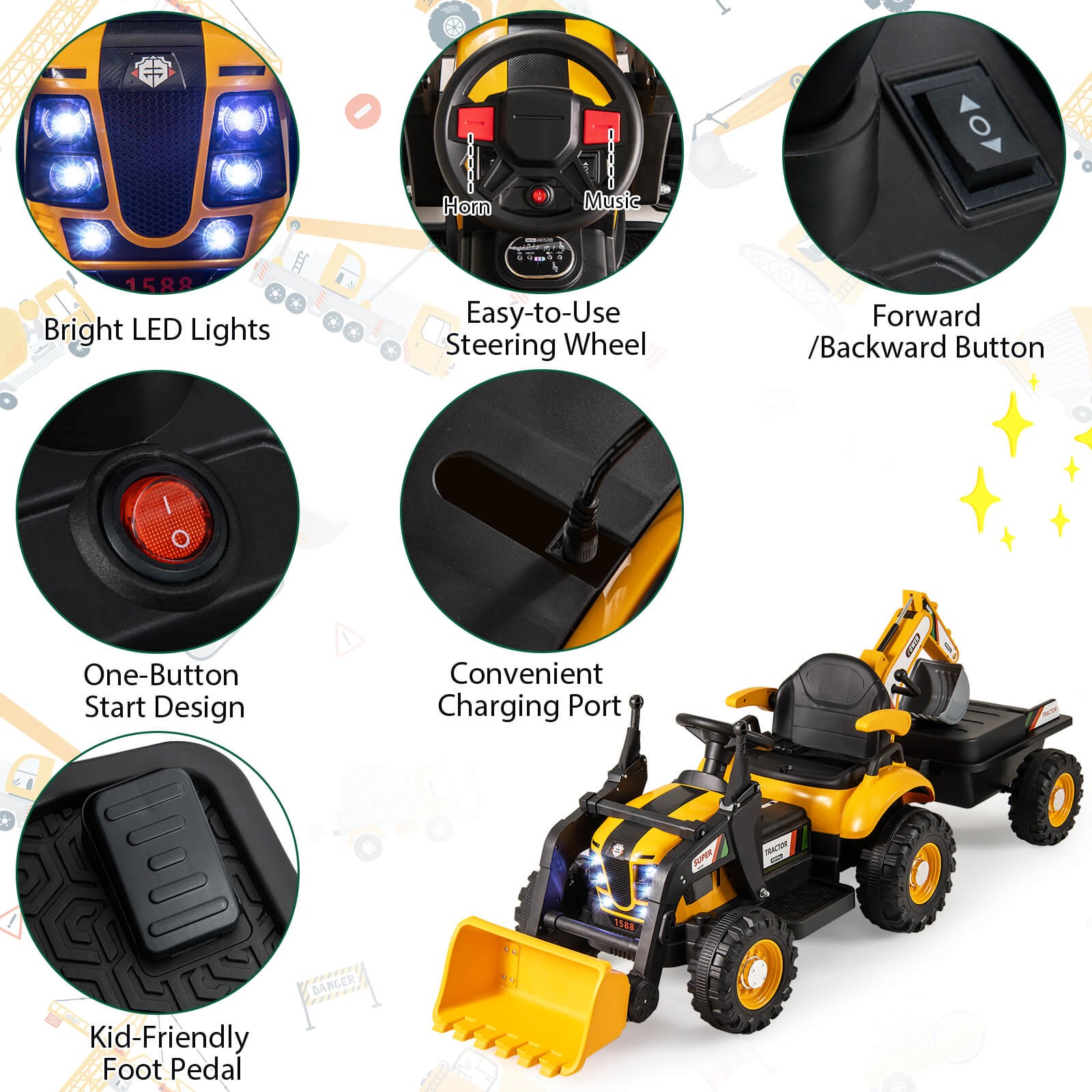 4 in 1 Ride on Tractor, Excavator & Bulldozer for Kids, Trailer, Shovel Bucket