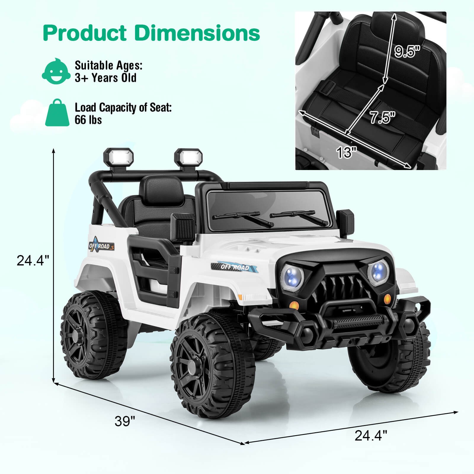 12V Kids Ride on Truck Car w/Remote Control, Threaded Wheels 3 Speeds LED Lights