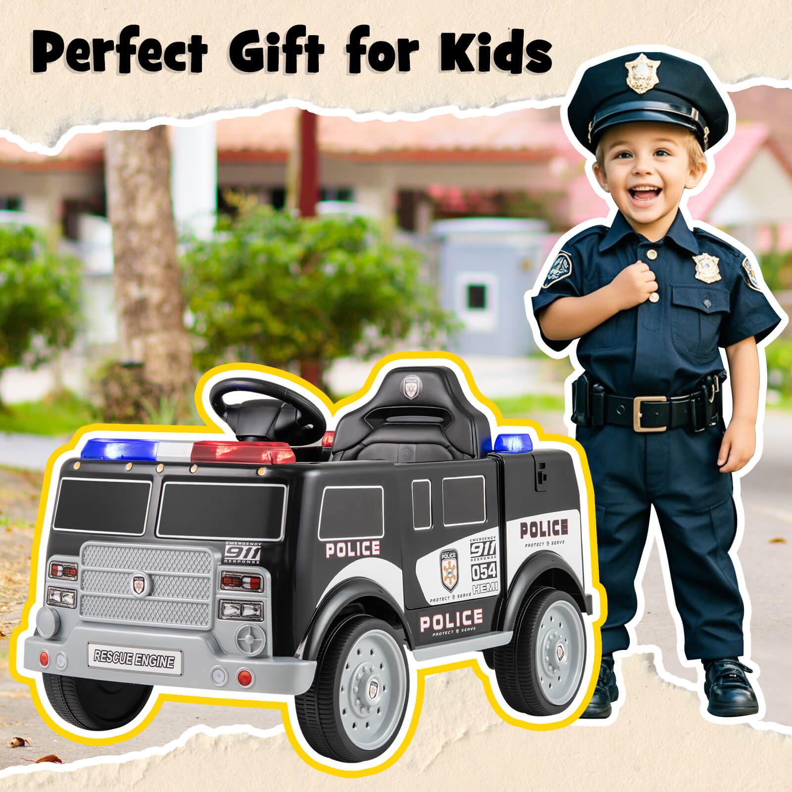 Kids Ride on Police Car w/ 3 Speeds Megaphone Music FM Radio Flashing Lights