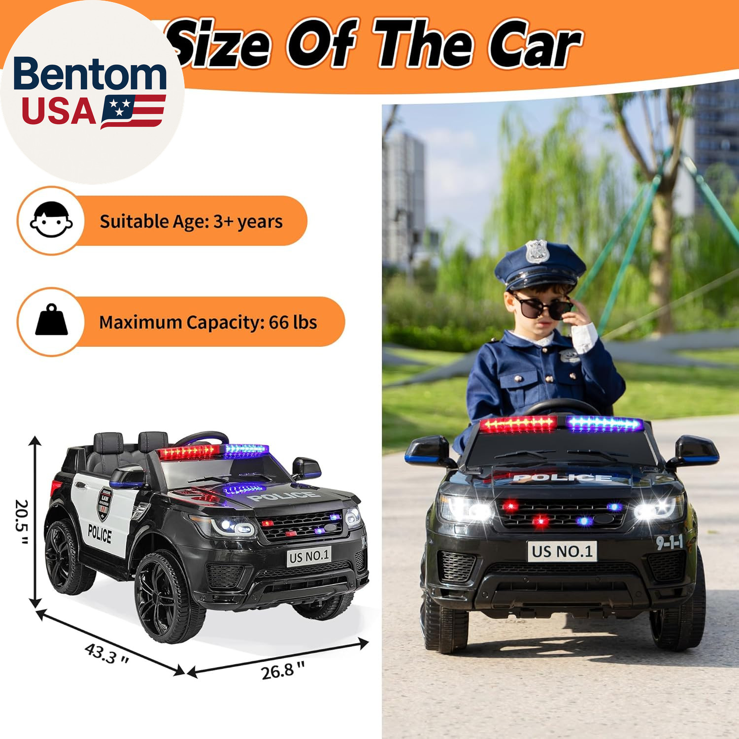 Police Car Ride on Electric Car for Kids to Drive Battery Powered Ride-On Toys C