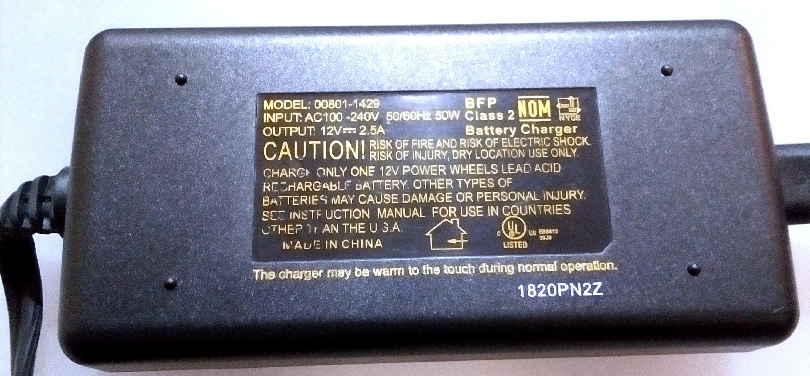 RARE – OEM FISHER PRICE POWER WHEELS 12V 2.5A QUICK BATTERY CHARGER 00801-1429