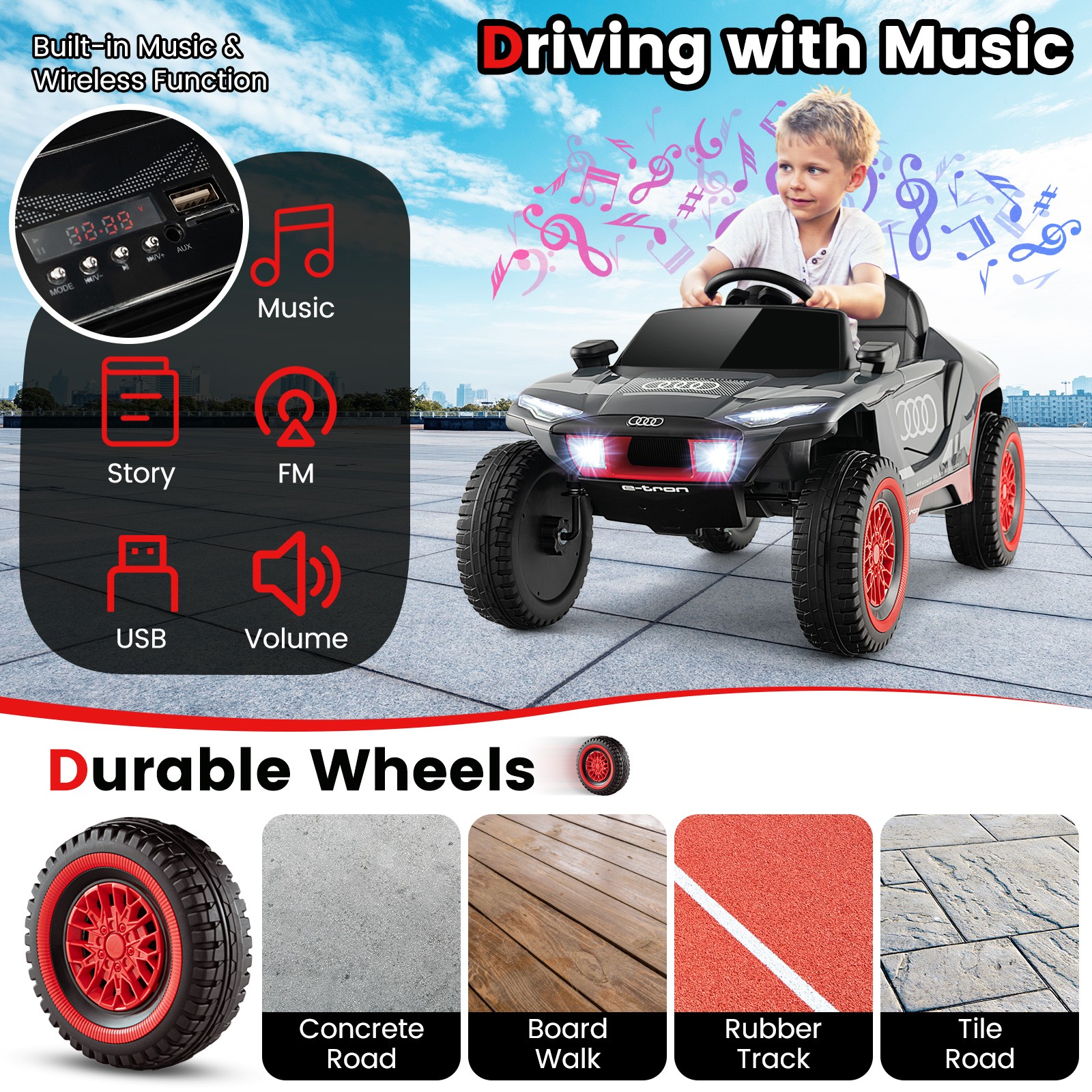12V Licensed Audi Kids Ride-On E-tron Racing Car w/Remote Controll & Lights Gray