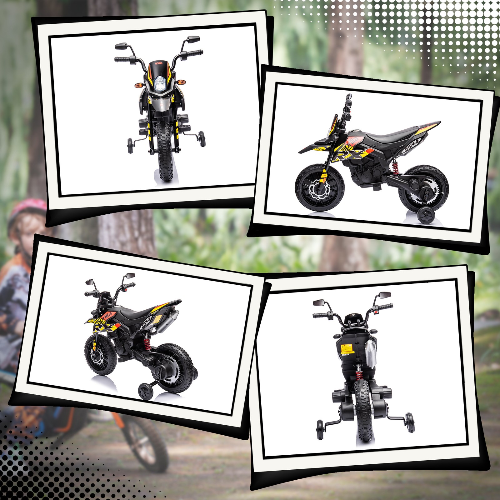 12V Aprilia Licenced Kids Motorcycle with Training Wheels, Yellow