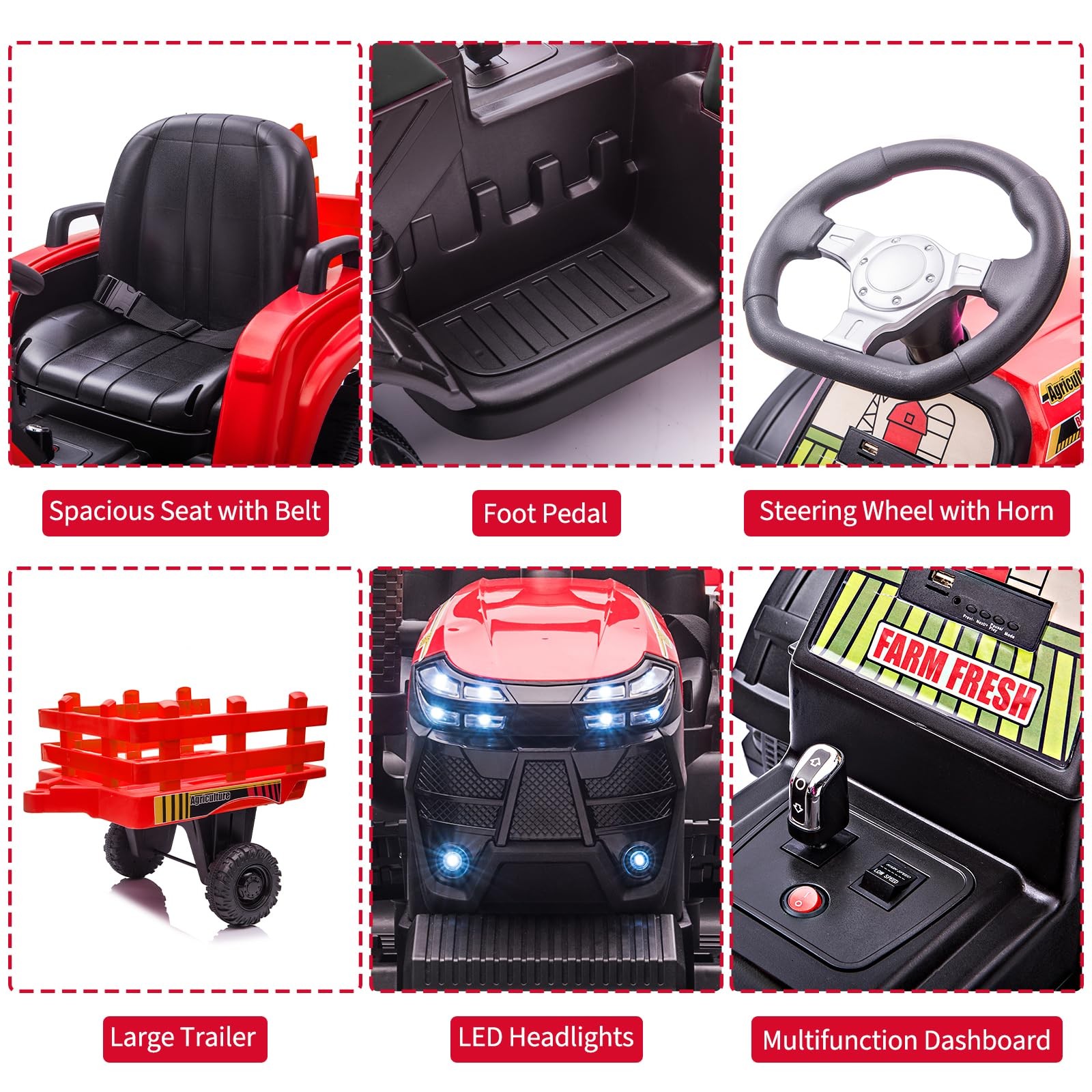 Tractor with Detachable Trailer Toddler Ride On Car/7-LED Headlight Electric 12V