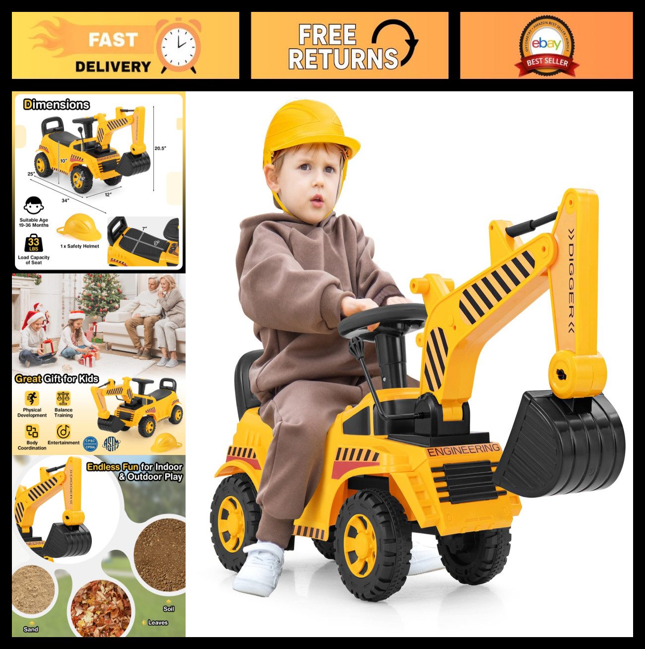 Kids Ride-On Excavator Digger Truck Toy with Working Shovel & Engine Sound