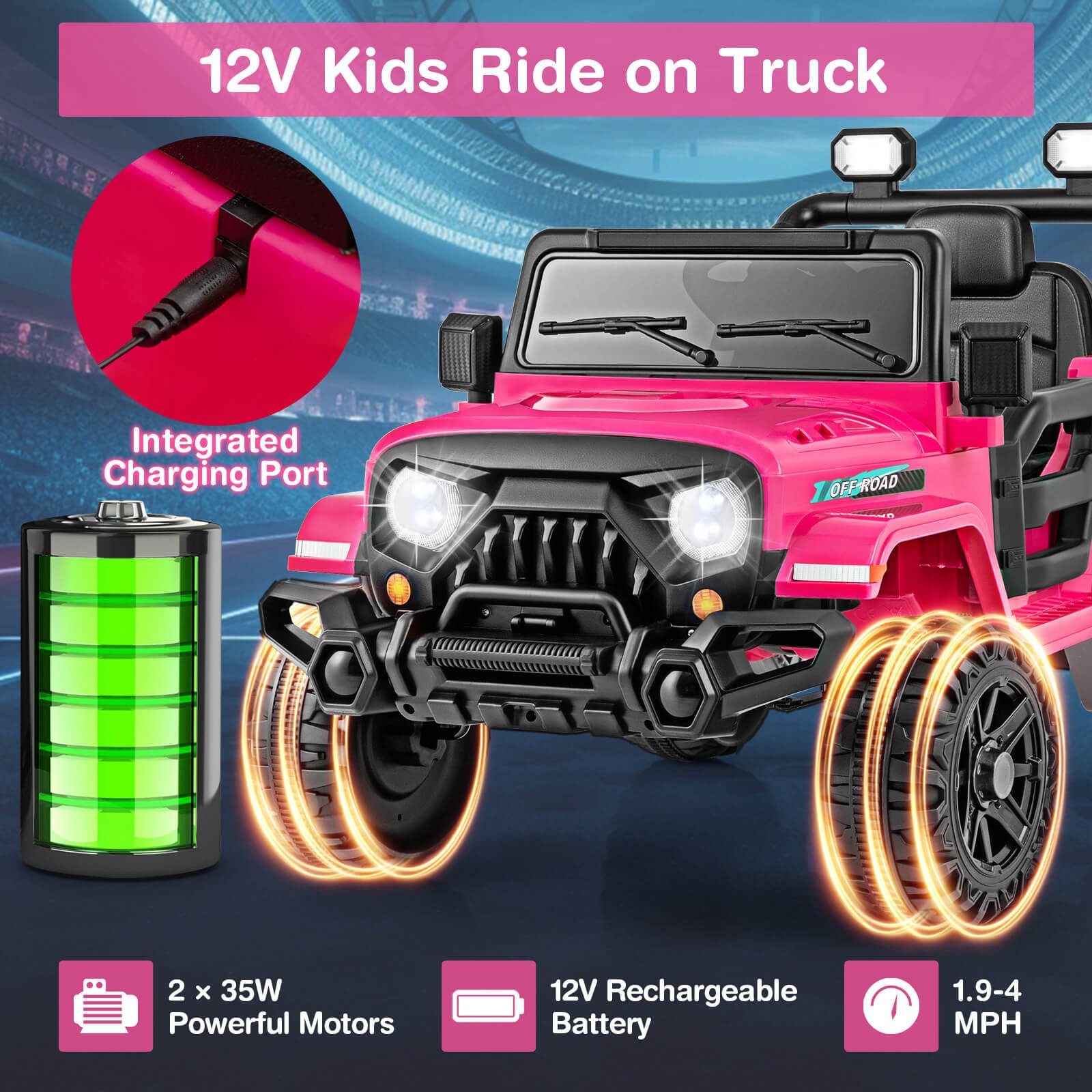 12V Kids Ride on Truck Car W/Remote Control, Threaded Wheels 3 Speeds LED Lights