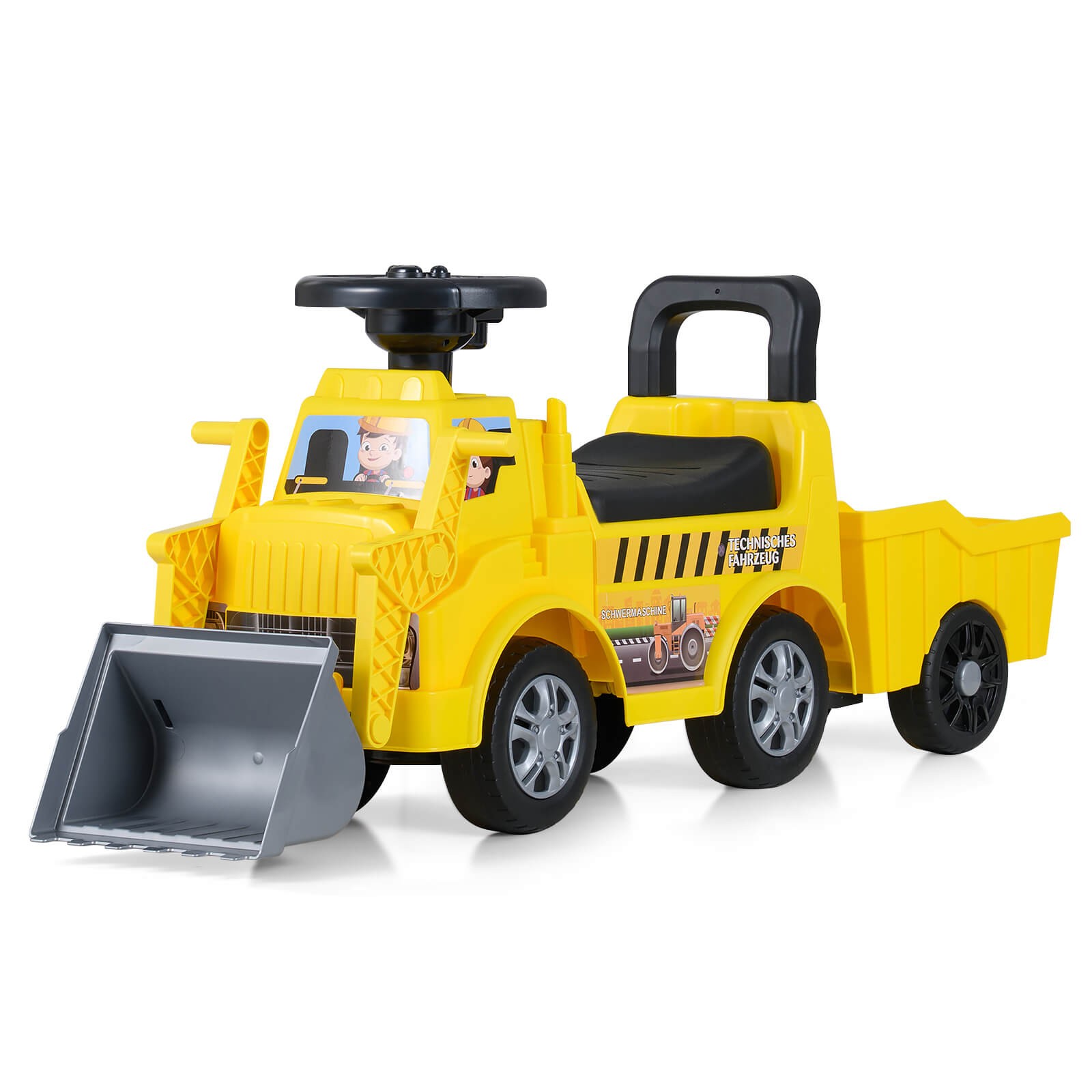 2-in-1 Ride on Excavator with Detachable Trailer, Shovel, Hidden Seat Storage