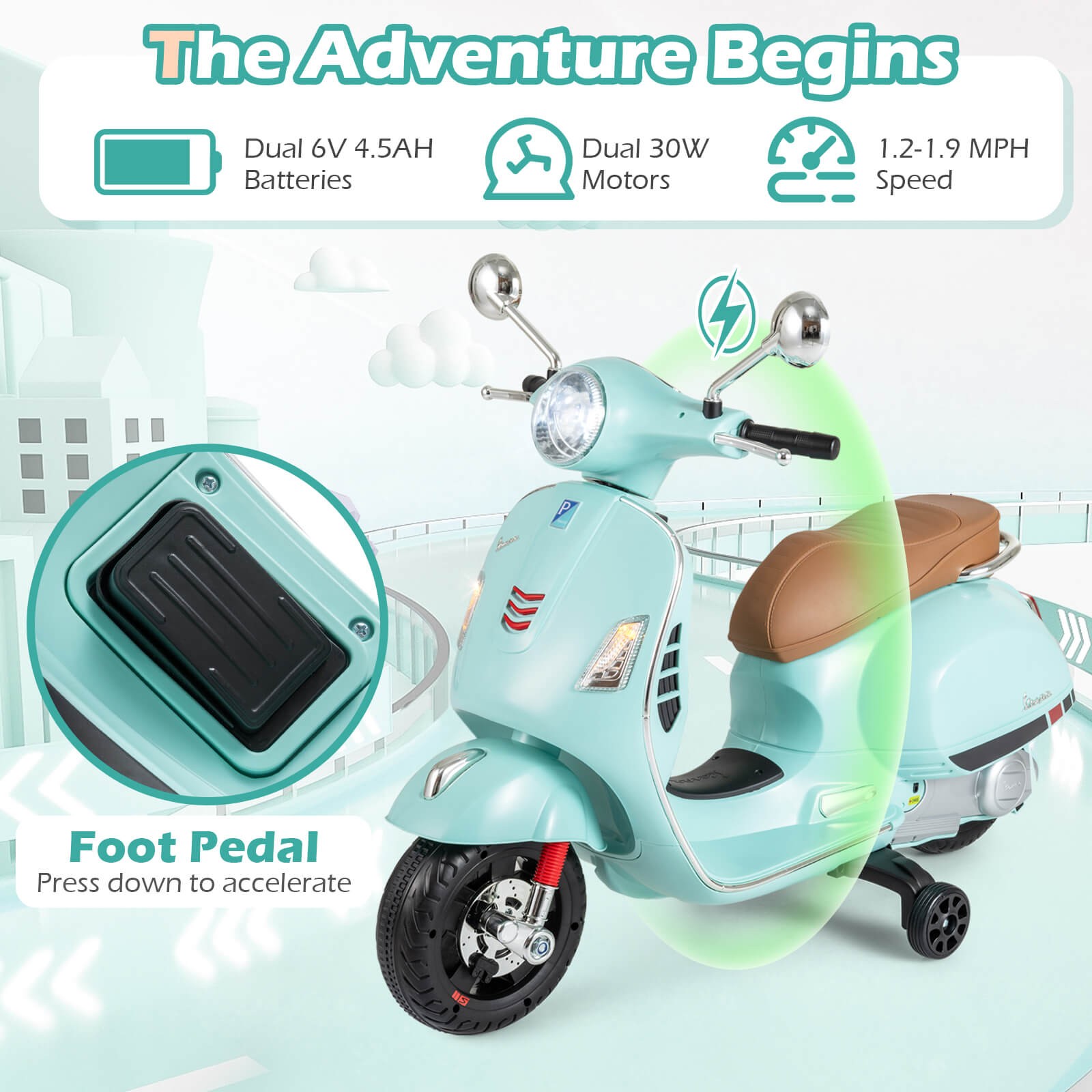 Licensed VESPA 12V Kids Electric Motorcycle w/Music Horn Story Training Wheels