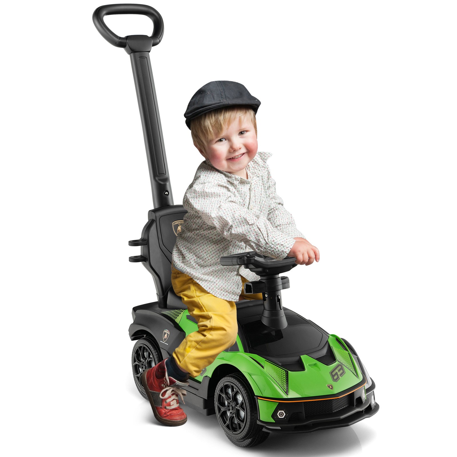 3-in-1 Licensed Lamborghini Ride on Push Car Stroller Sliding Car w/ Sound Green