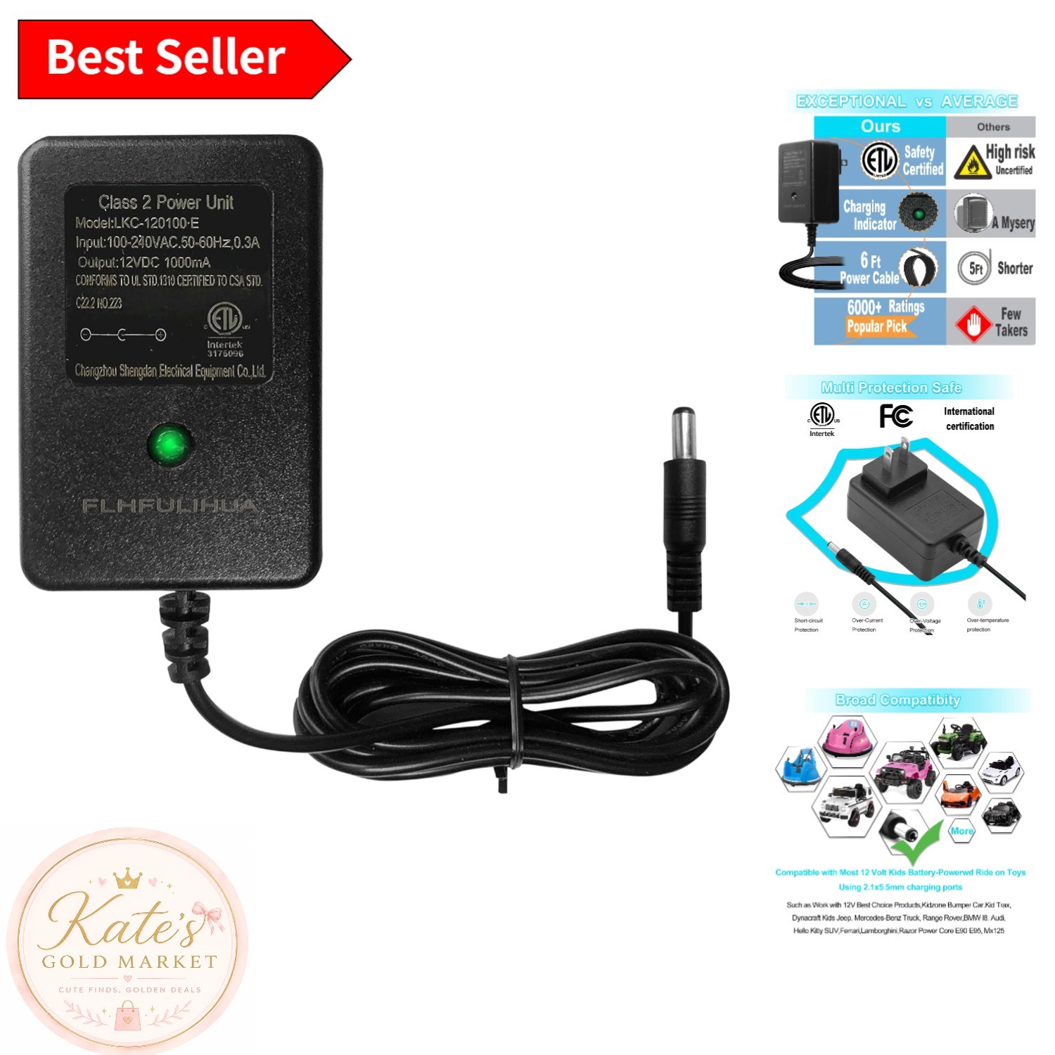 Universal 12V Battery Charger for Kids’ Ride-On Toys – Certified, 6ft Long