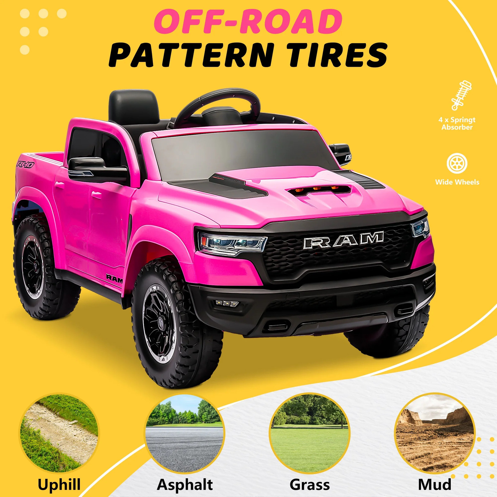 RAM 1500 Ride on Car Toy for Kids, 12V Powered Ride on Truck Toy with Remote Con