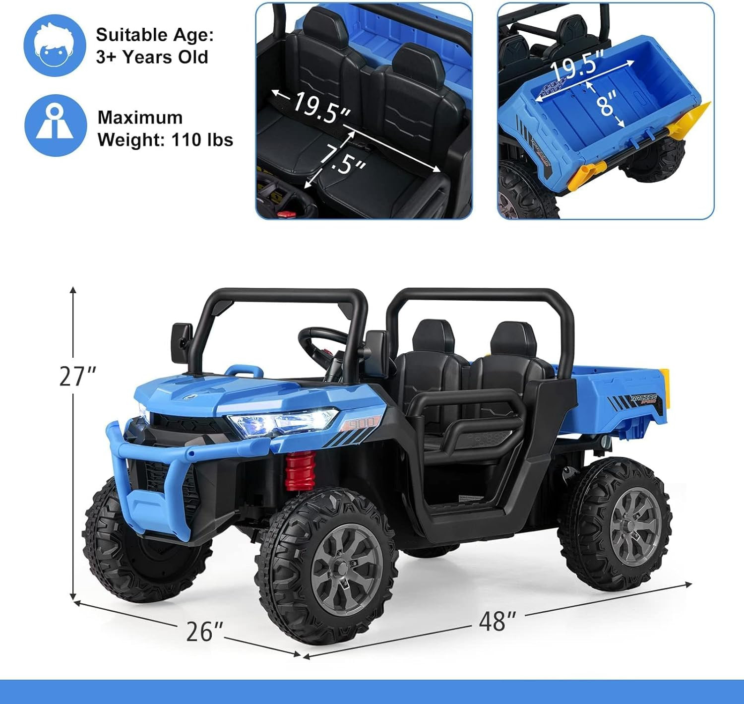 2 Seater Ride on Car, 12V Off-Road UTV Electric Vehicle with Remote Control, Dum