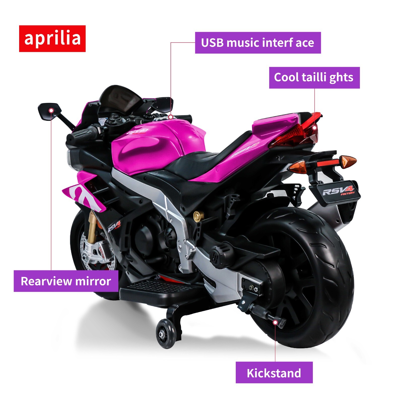 24V Kids Electric Motorcycle 12mph Dirt Bike 250W Waterproof Motor Bluetooth LED
