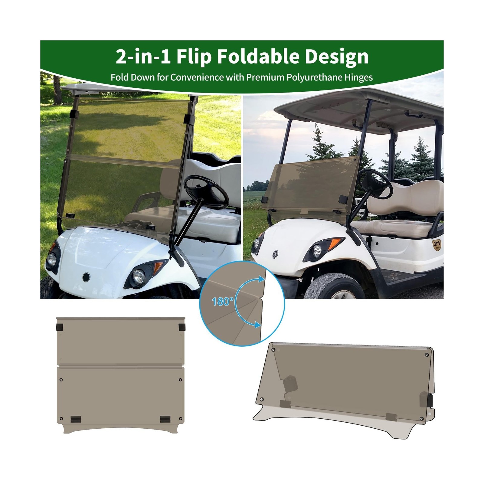 Golf Cart Foldable Windshield 3/16″ (5MM) Thicken Only Fits 2007-2016 Yamaha …