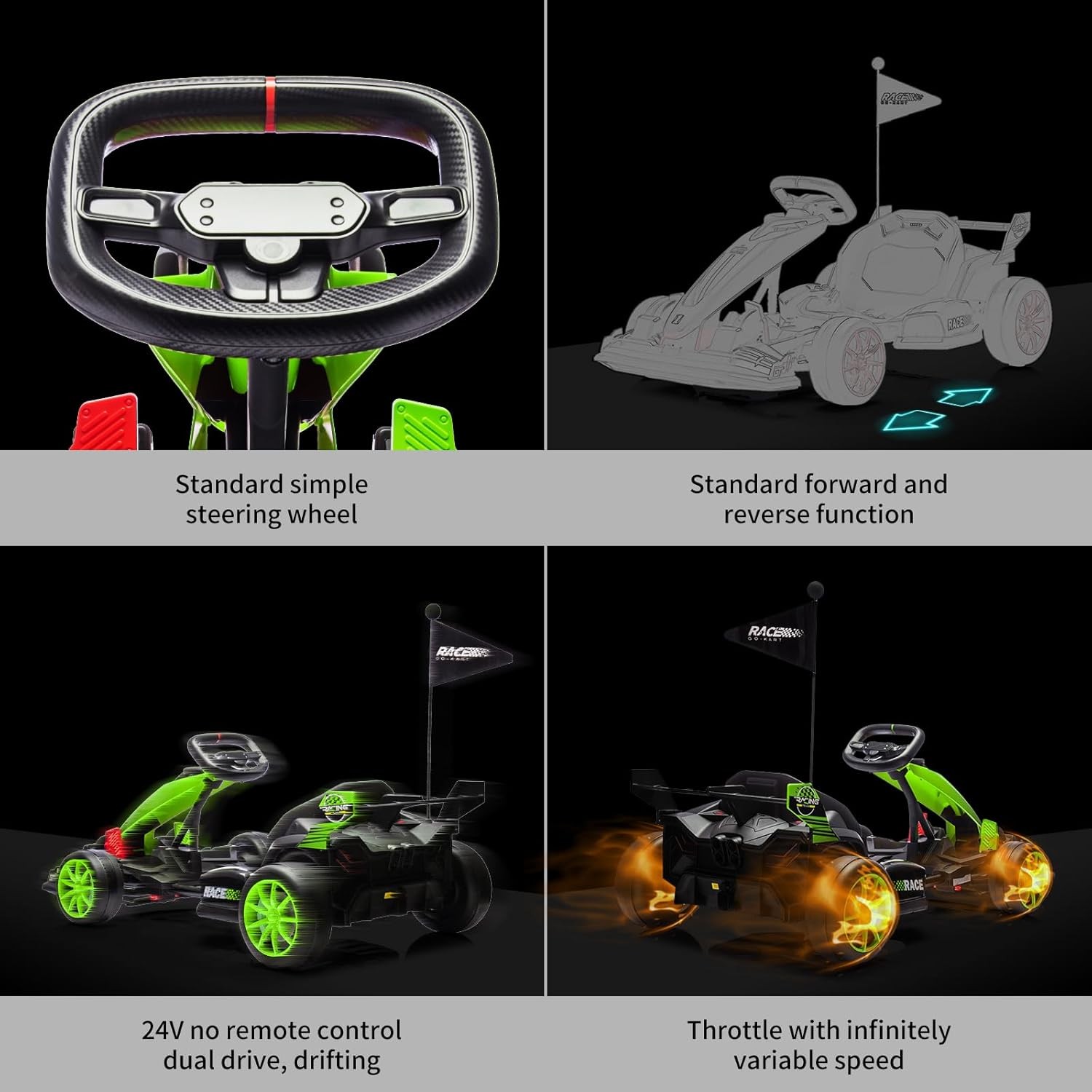 24V Drift Cart for Kids, Dual Motors, Electronic Brake, Adjustable Seat,Foldable