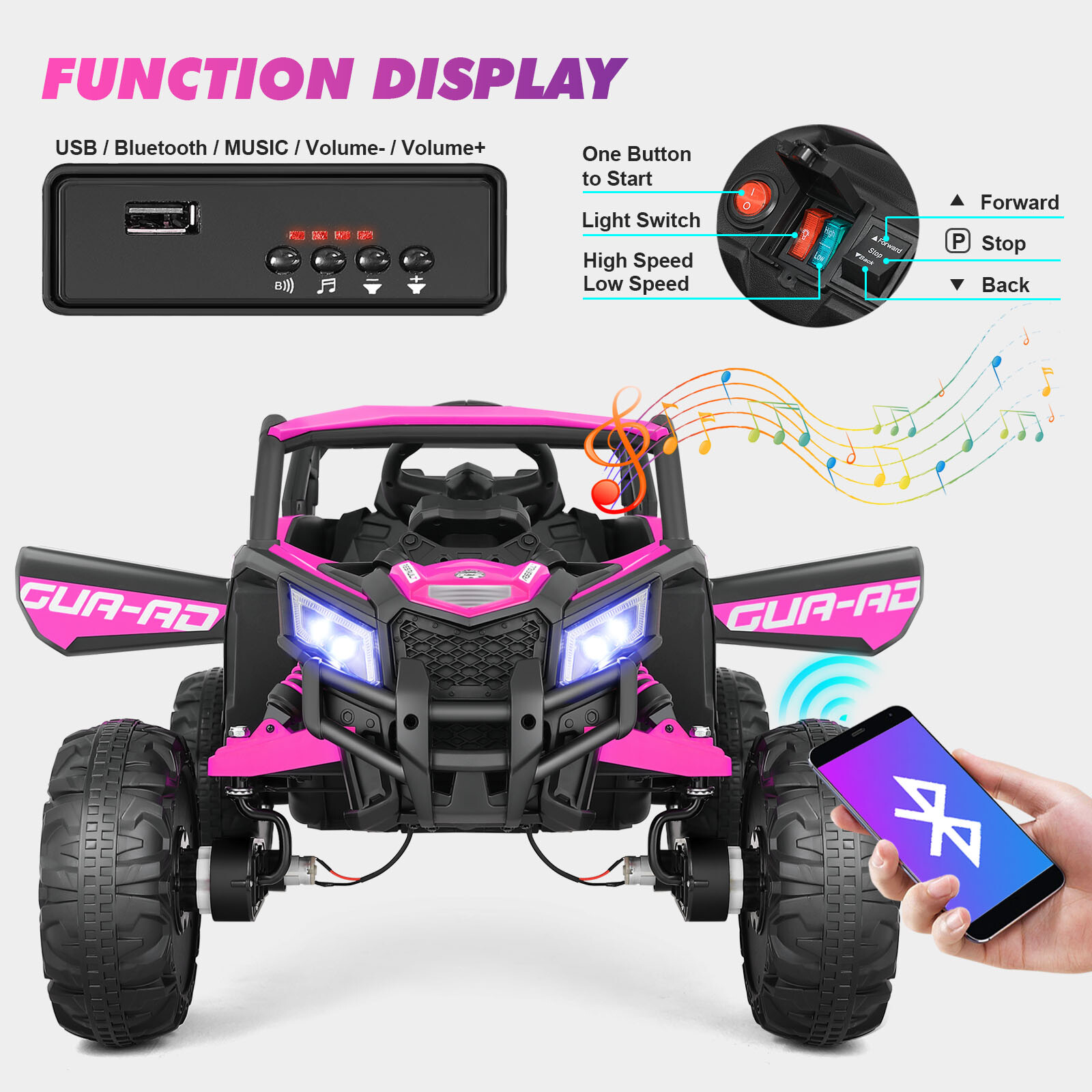 12V Kids Pink Ride On UTV Vehicle Electric Off-Road Car with Music, RC, LED