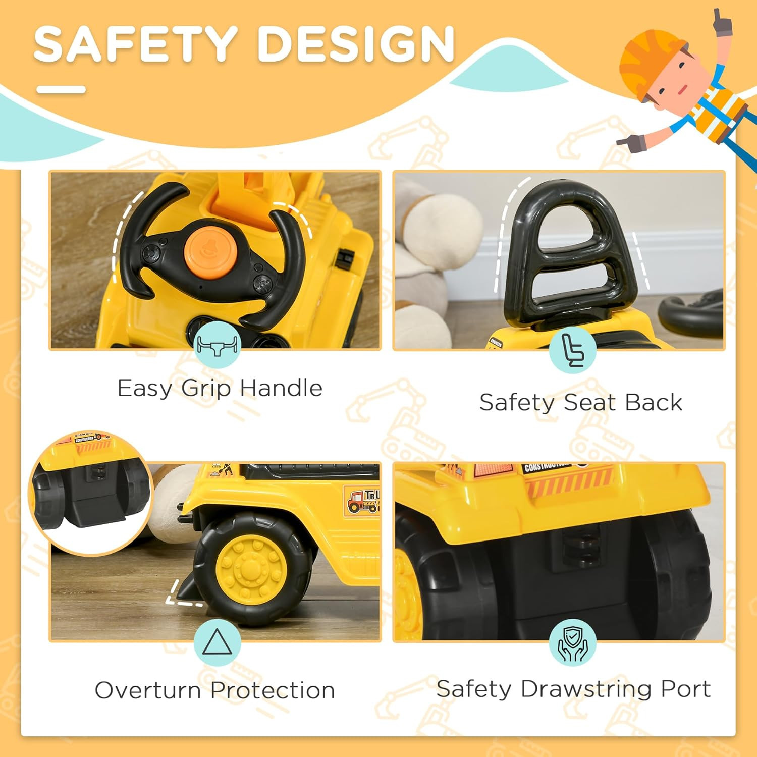 Ride on Excavator Pull Cart, Kids Digger Ride on Truck with Horn, under Seat Sto