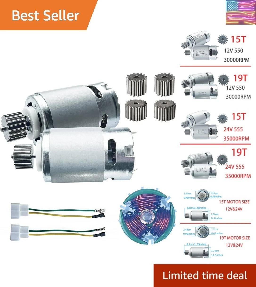 2PCS 24 Volt RS555 35000RPM High-Speed 7R Motor 15T for Fisher Price Power Wh…