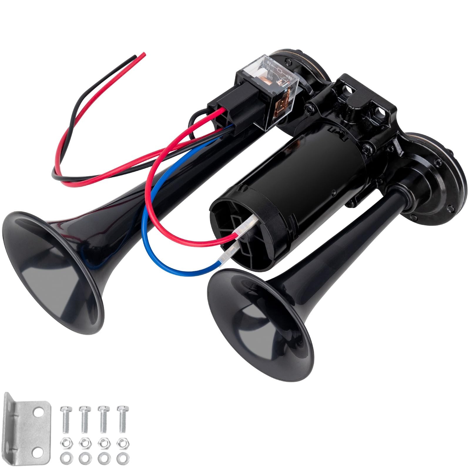 12V Black Waterproof Truck Horn Compressor 150dB Dual Tube High/Low Tone Air