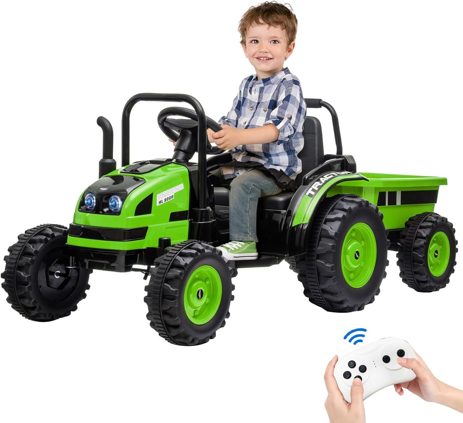 12V Upgraded Ride on Tractor with Trailer Electric Fun Toys Remote Control Kids