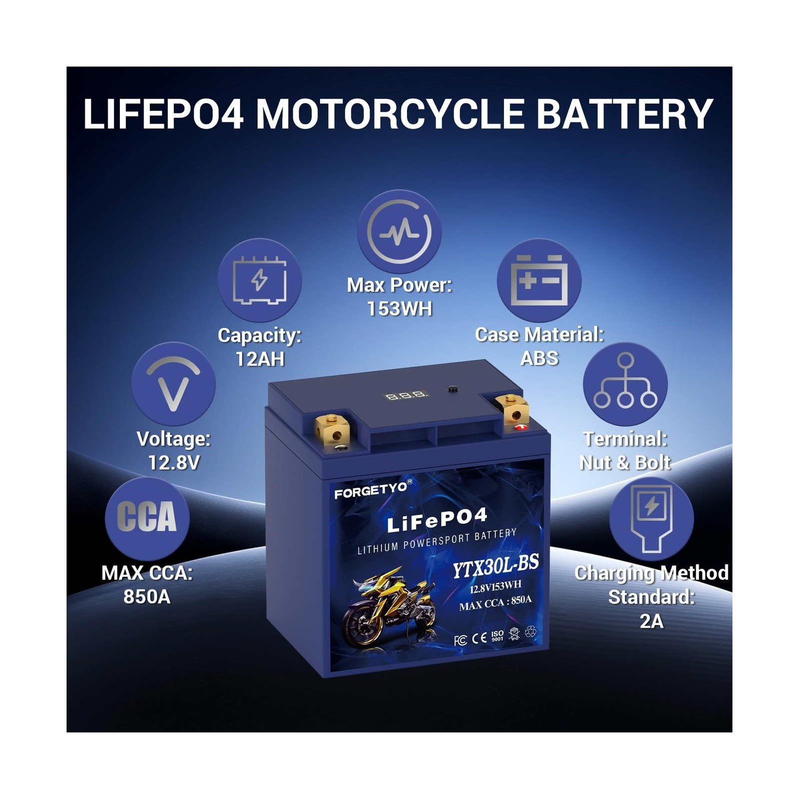 Lithium YTX30L-BS, 850A LiFePO4 Motorcycle Battery, 12V 12AH ATV, UTV, Jet Sk…