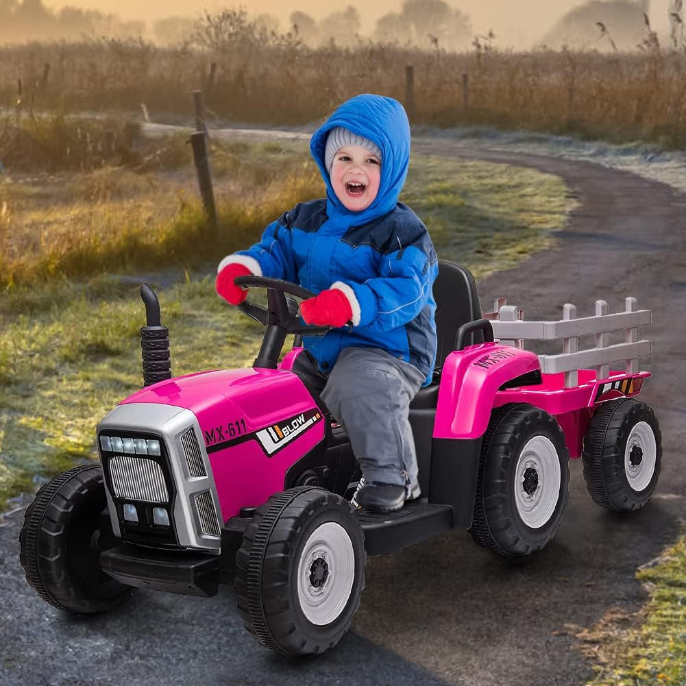12V Kids Battery Powered Electric Tractor with Trailer, Toddler Ride on Car with