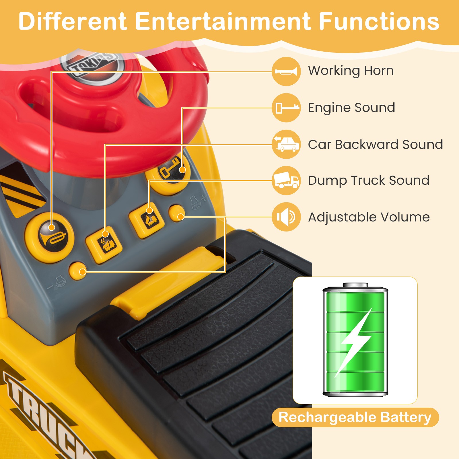 Kids Ride On Excavator 6V Electric Pretend Play Tractor Toy with Basketball Hoop