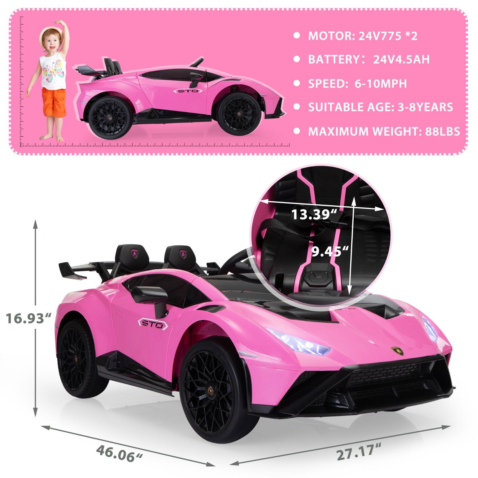 24V Electric Kids Ride on Powered Car Licensed Lamborghini STO w/ Remote Control