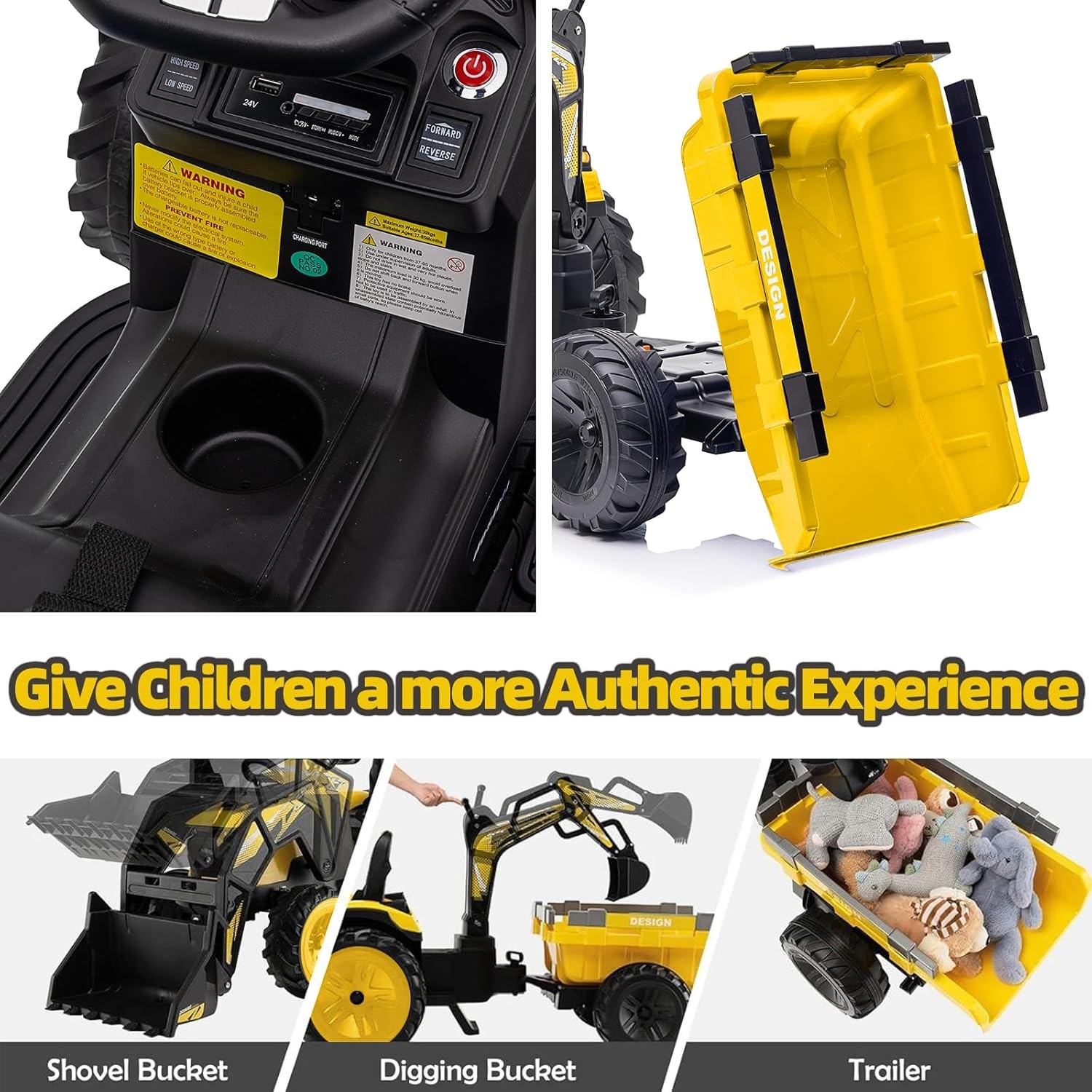 3 in 1 Kids 24V Ride On Tractor Excavator Bulldozer w/ Trailer Remote Control