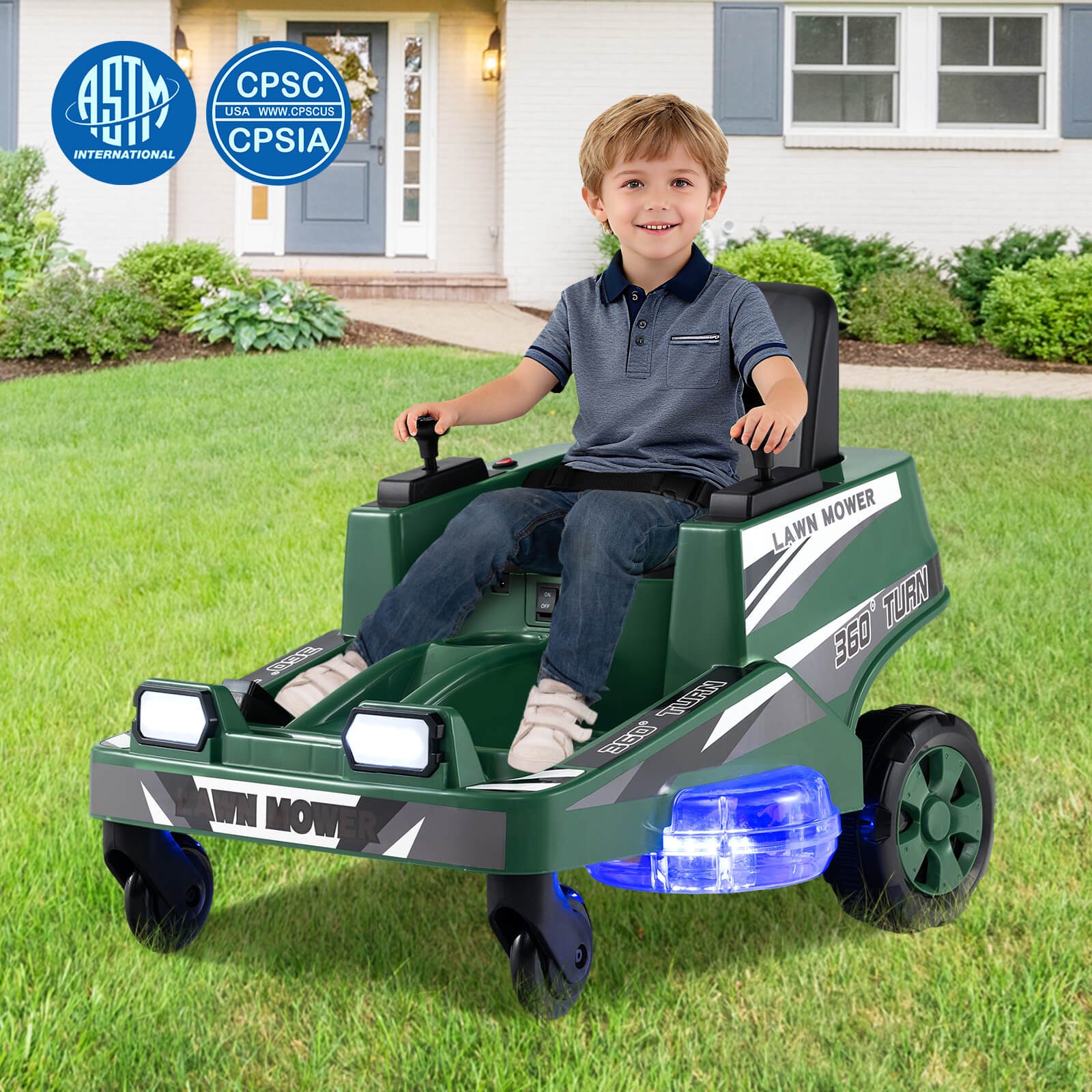 12V Ride on Lawn Mower w/Dual Control Sticks LED Lights Twist Turn for Aged 3-8