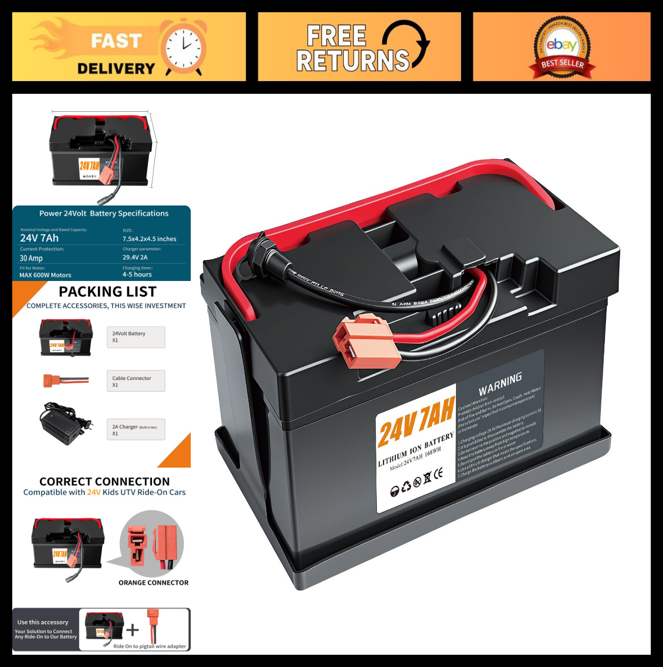 24V 7Ah Ride-On Car Battery with 2A Charger, Lightweight, Long-Lasting Power Sou