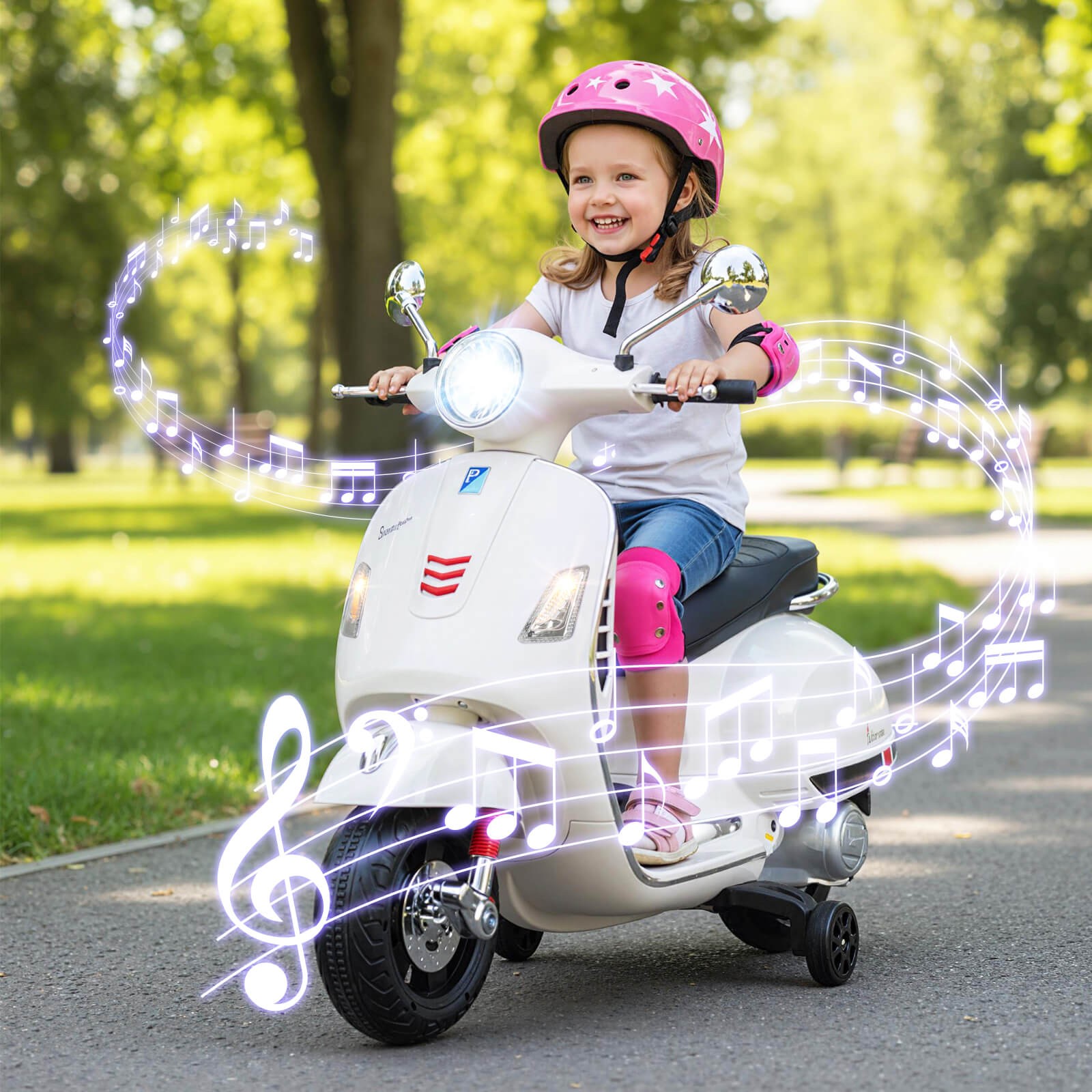 Licensed VESPA 12V Kids Electric Motorcycle w/Music Horn Story Training Wheels