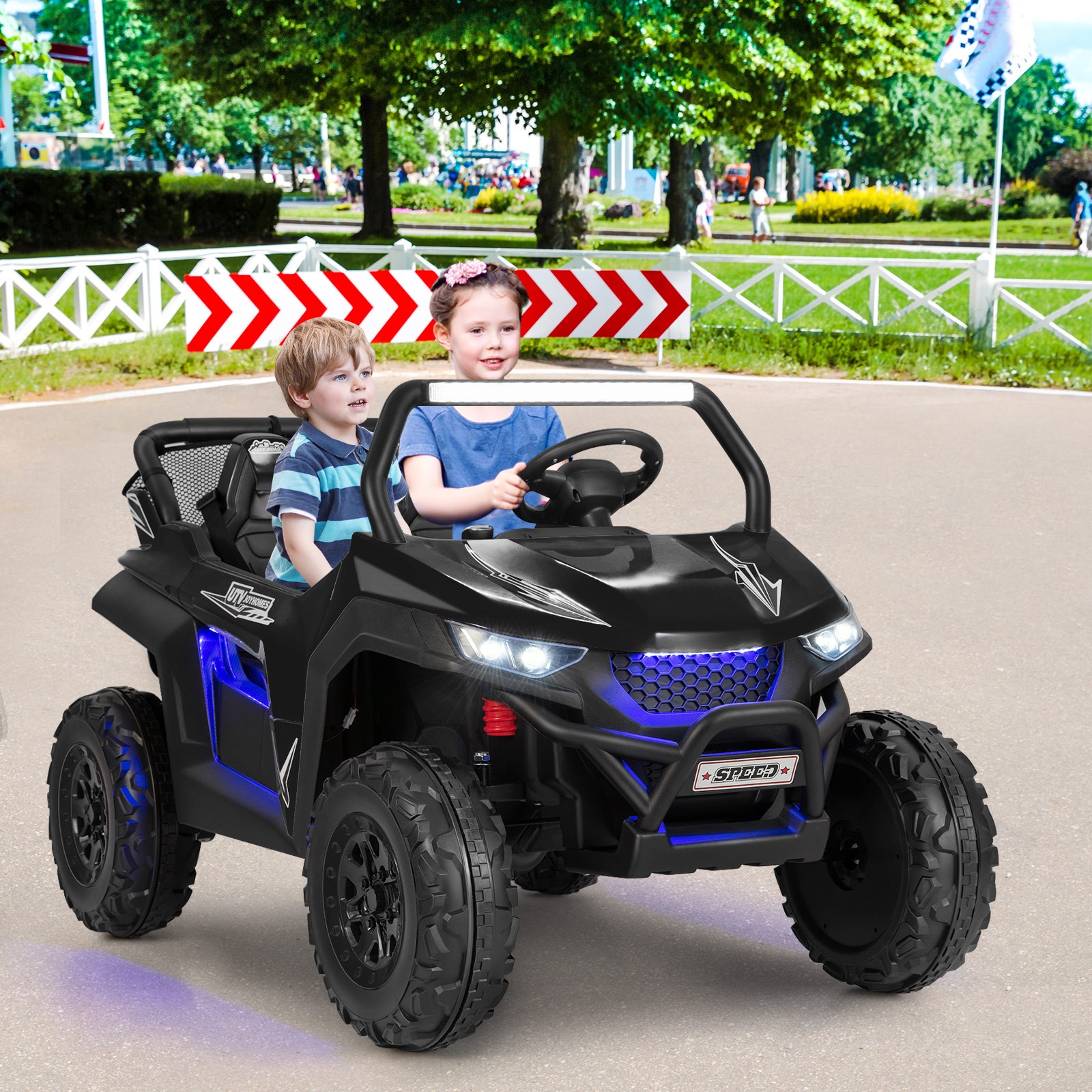 12V Ride on Truck w/ 3-Points Safety Belts & Lockable Doors up to 130 LBS Black