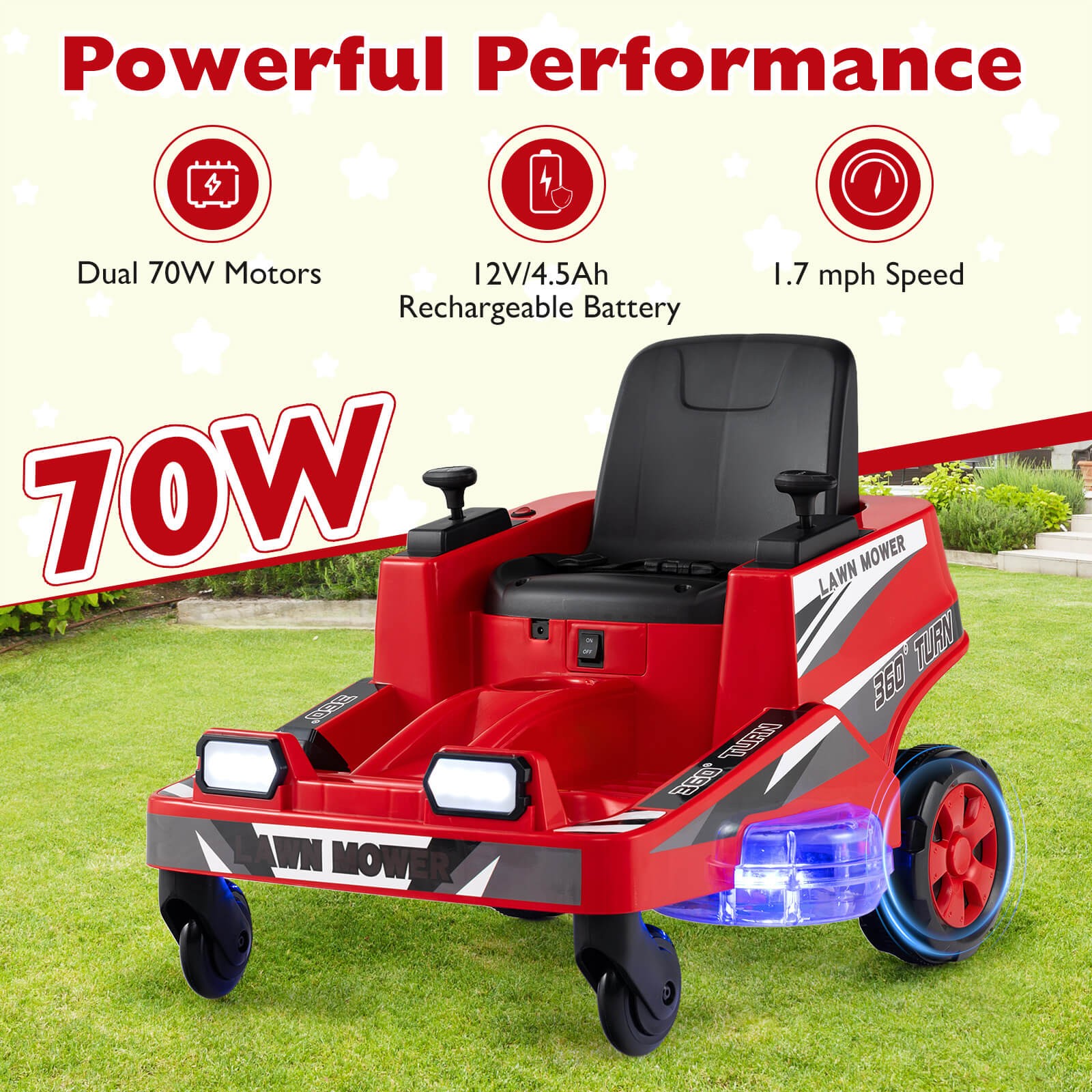 12V Ride on Lawn Mower w/Dual Control Sticks LED Lights Twist Turn for Aged 3-8
