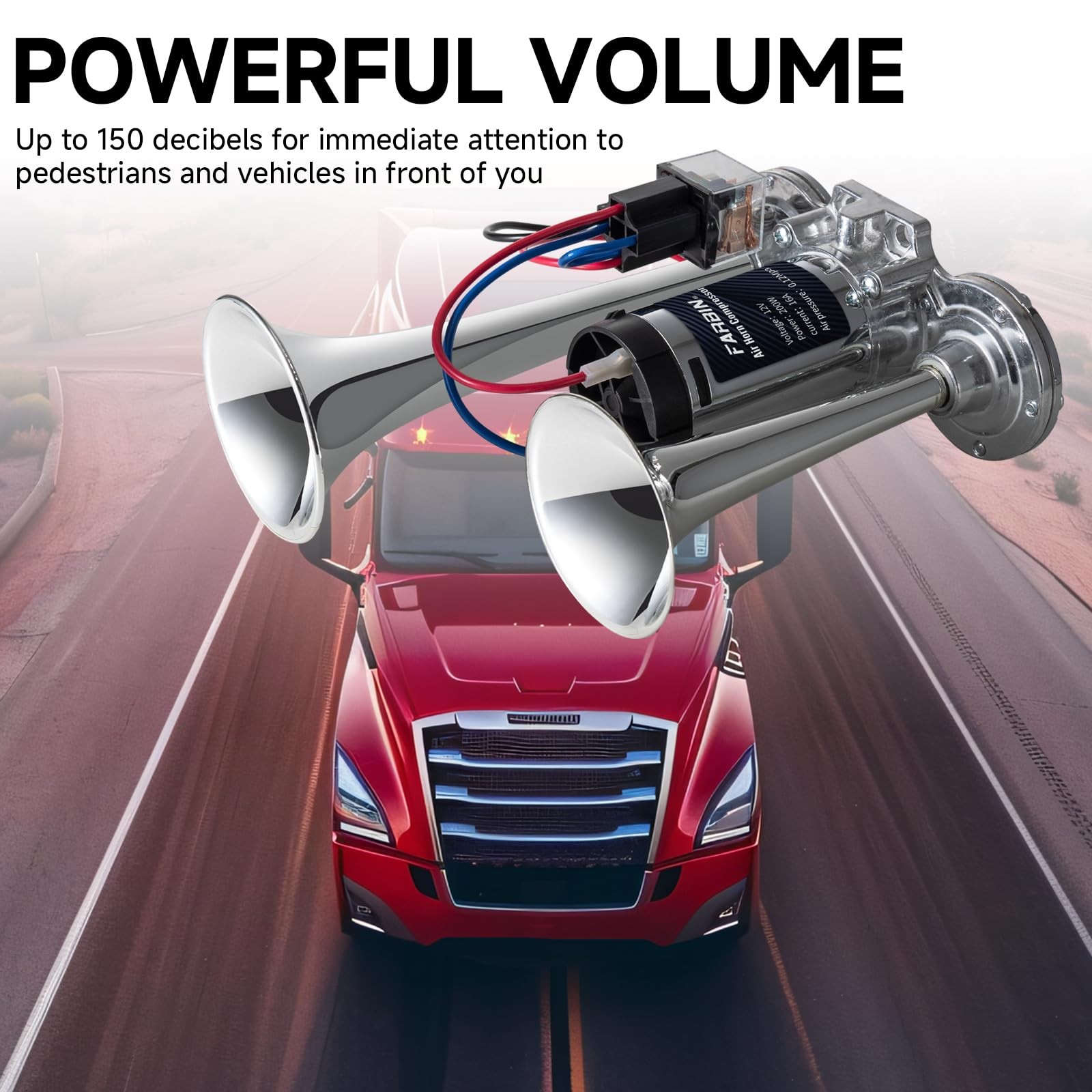 Air Horn for Truck 12V Loud Train Horn with Air Compressor Dual-Trumpet Chrome C