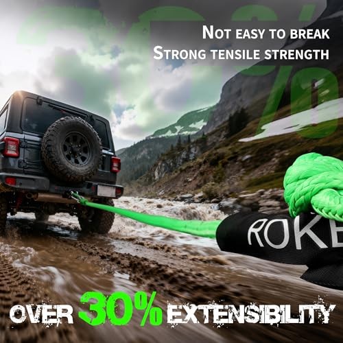 1″ x 30ft Heavy-Duty Kinetic Recovery Rope(Reflective)，2 Soft Shackles,30%