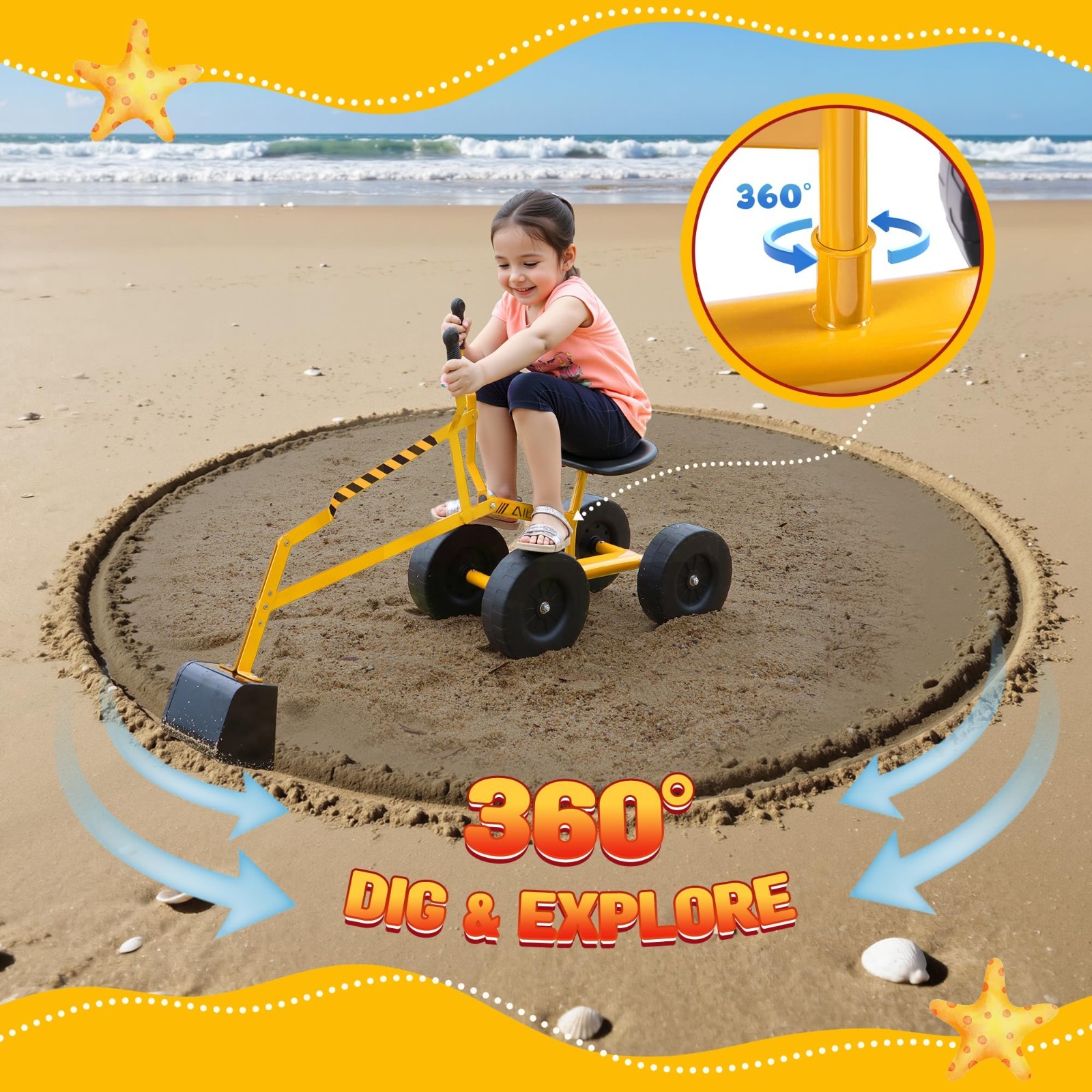 Ride-On Sand Digger Excavator Toy with 360° Rotating Seat & 8″ Wheels – Yellow