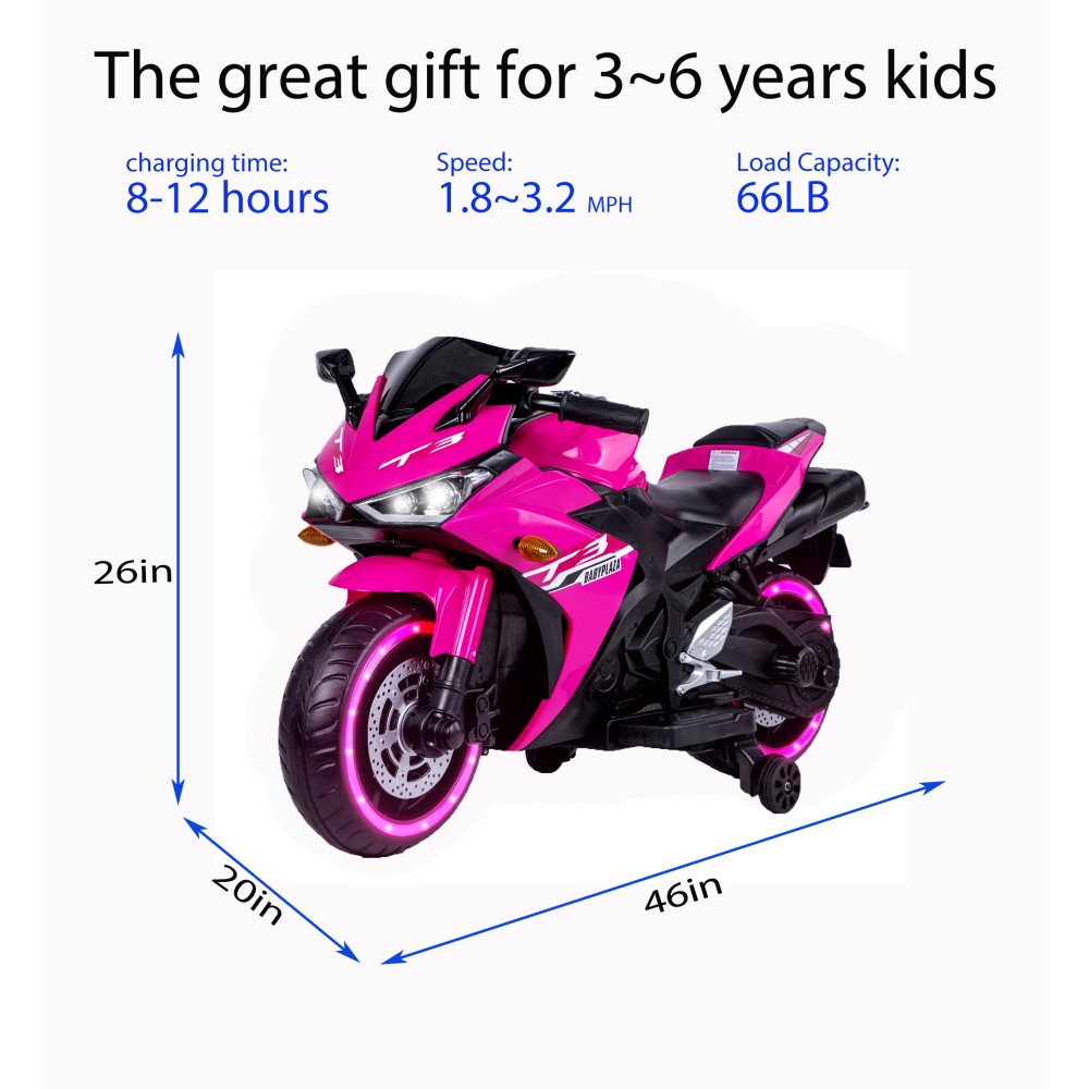 Light Up Wheels 12V Kids Ride On Motorcycle with Training Wheels & Hand Control
