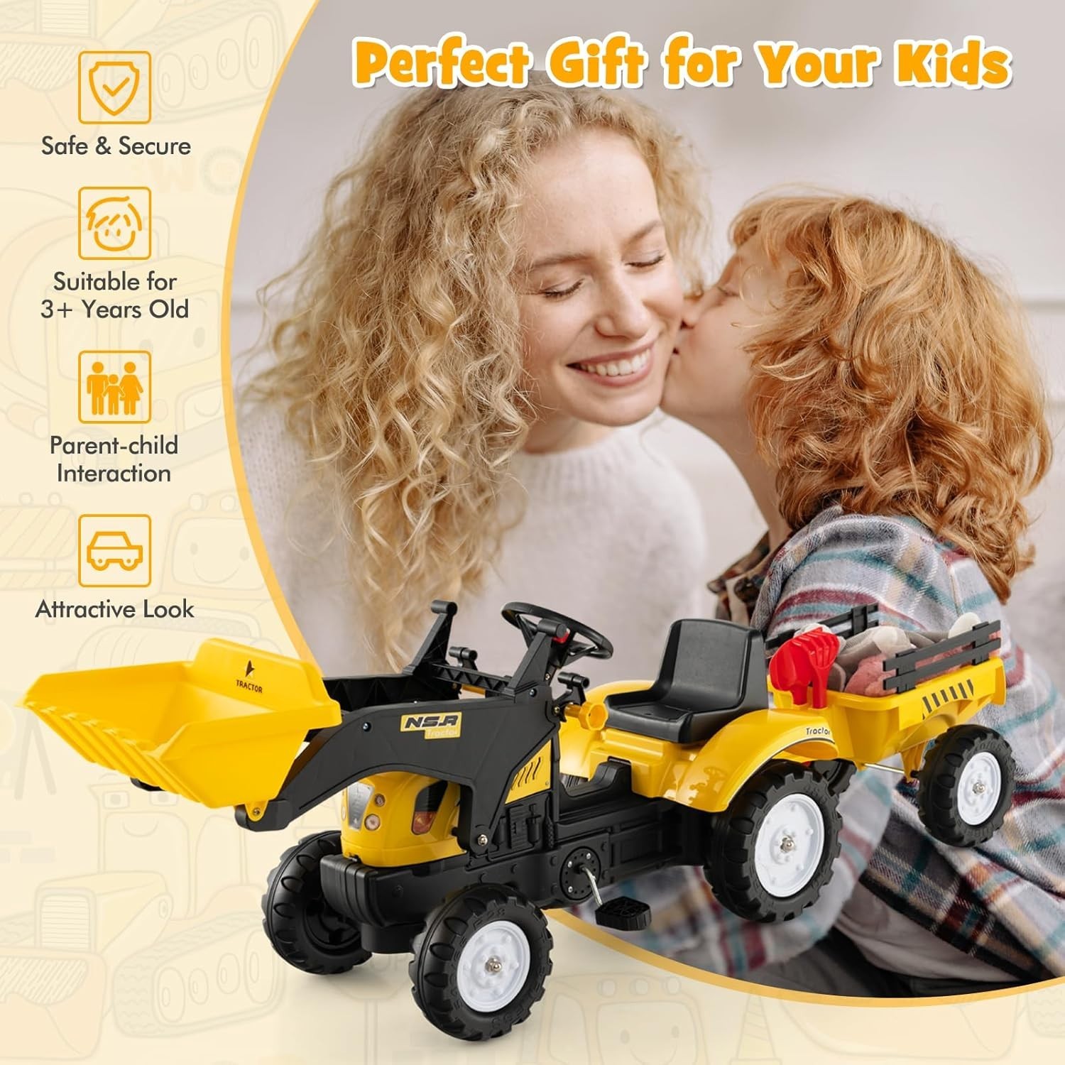 Kids Ride on Excavator, Pedal Digger Car Bulldozer with Manual Control Bucket, D