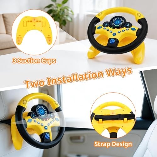 Kids Backseat Steering Wheel Toy with Lights & Music – Pretend Driving Gift (Yel