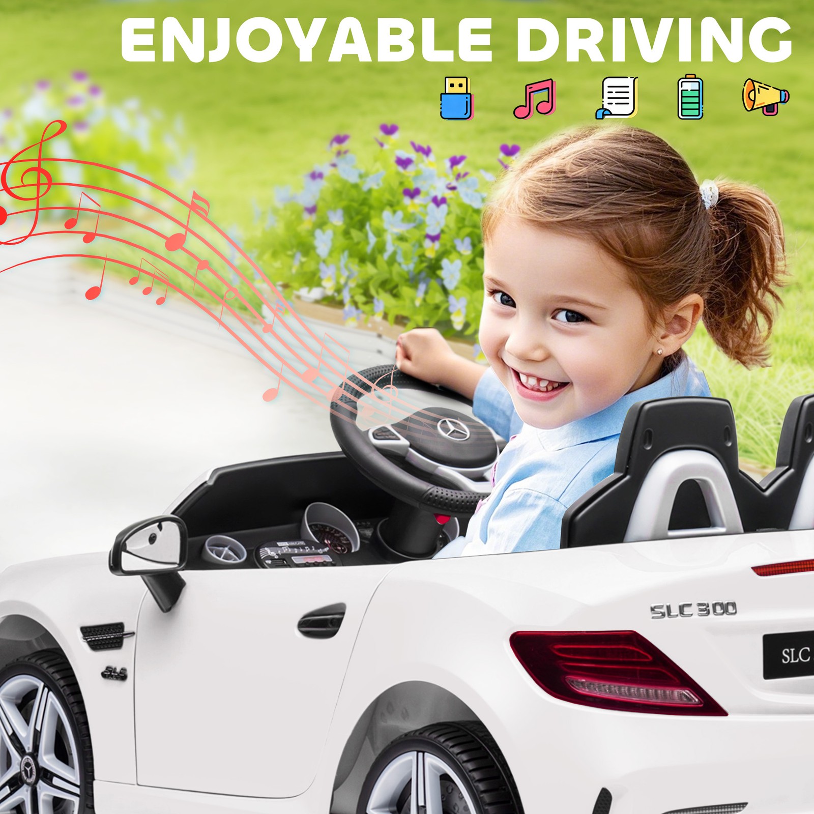 12V Electric Cars for Kids w/ Parental Remote, Two Motors, Music Lights White