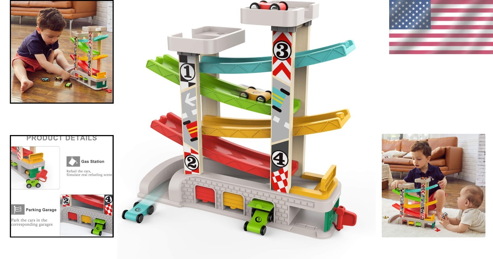 Delightful Car Ramp Race Track Toy for 2-3 Olds – 4 Wooden Cars Included