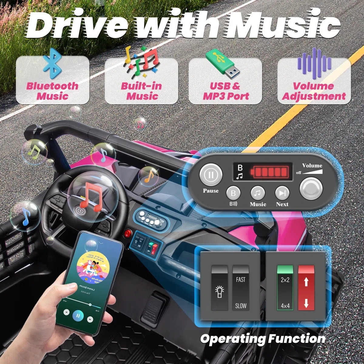 24V 2-Seater Kids Ride On Car in Pink with Remote Control, LED Lights, Music